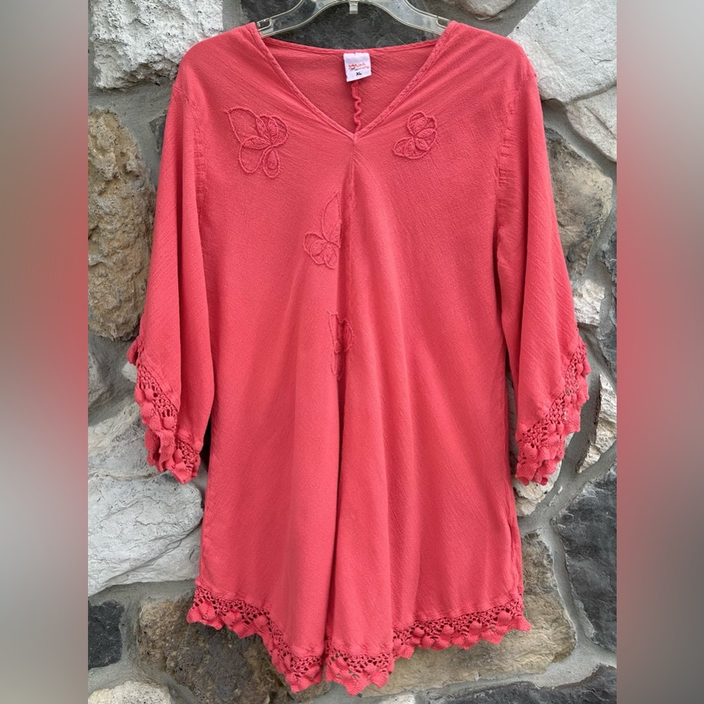 Vintage Beachy Tunic Top XL Coral Cotton Embroidered Crochet Swim Cover Boho